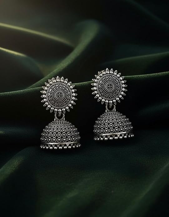 Oxidised Silver Peacock Jhumka Earrings