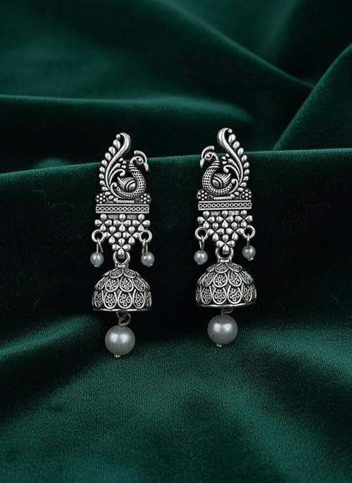 Oxidised Silver Peacock Jhumka Earrings