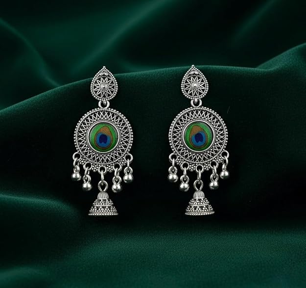 Oxidised Silver Peacock Jhumka Earrings
