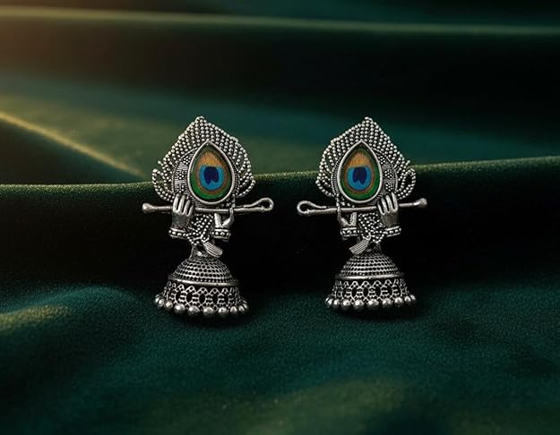 Oxidised Silver Peacock Jhumka Earrings
